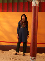 Navy Blue Woollen Kurti For Women With Thread Work And Sequins