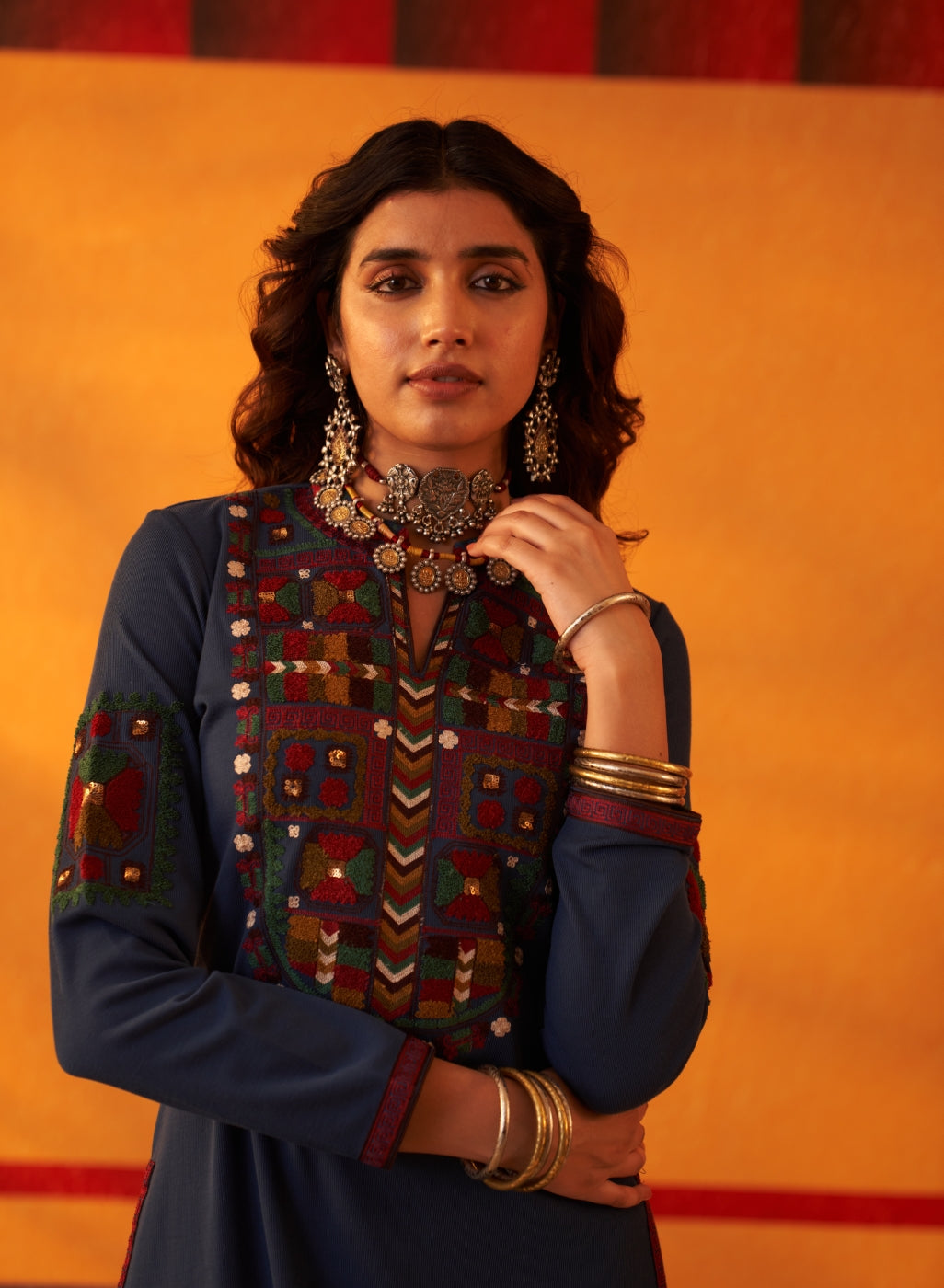 Navy Blue Woollen Kurti For Women With Thread Work And Sequins