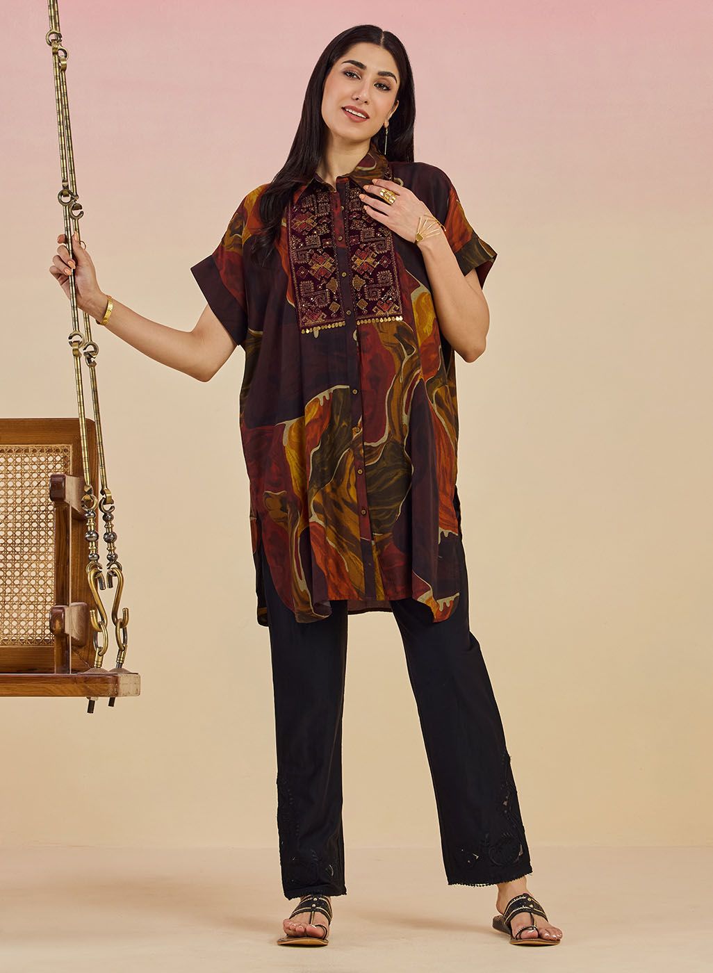 Clement Ladies Abstract Printed Collared Kaftan Tunic