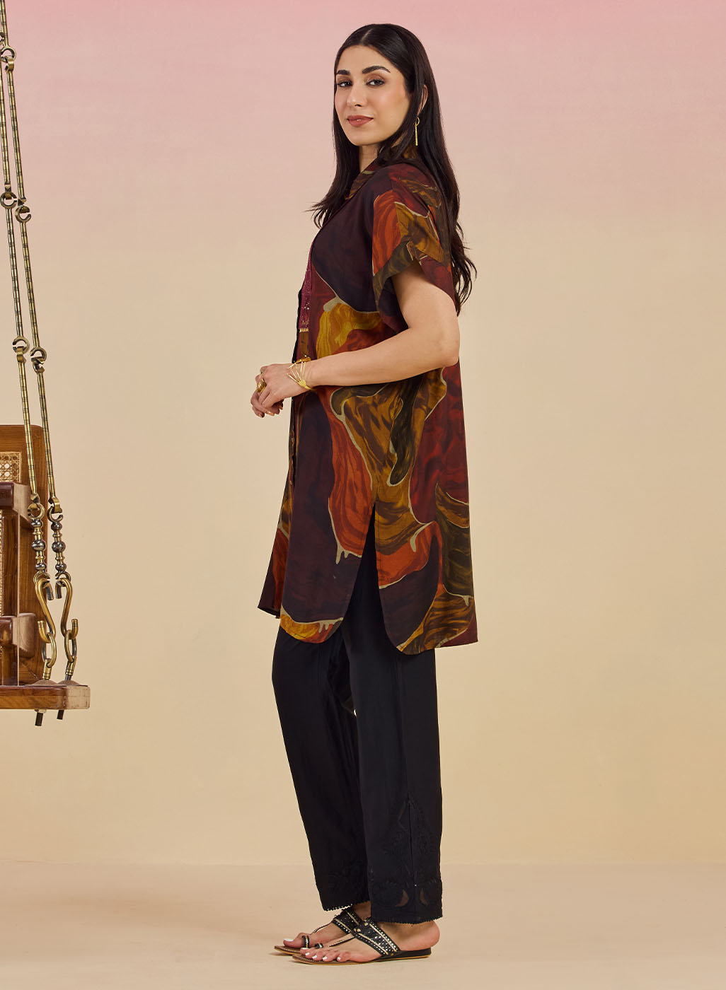 Clement Ladies Abstract Printed Collared Kaftan Tunic