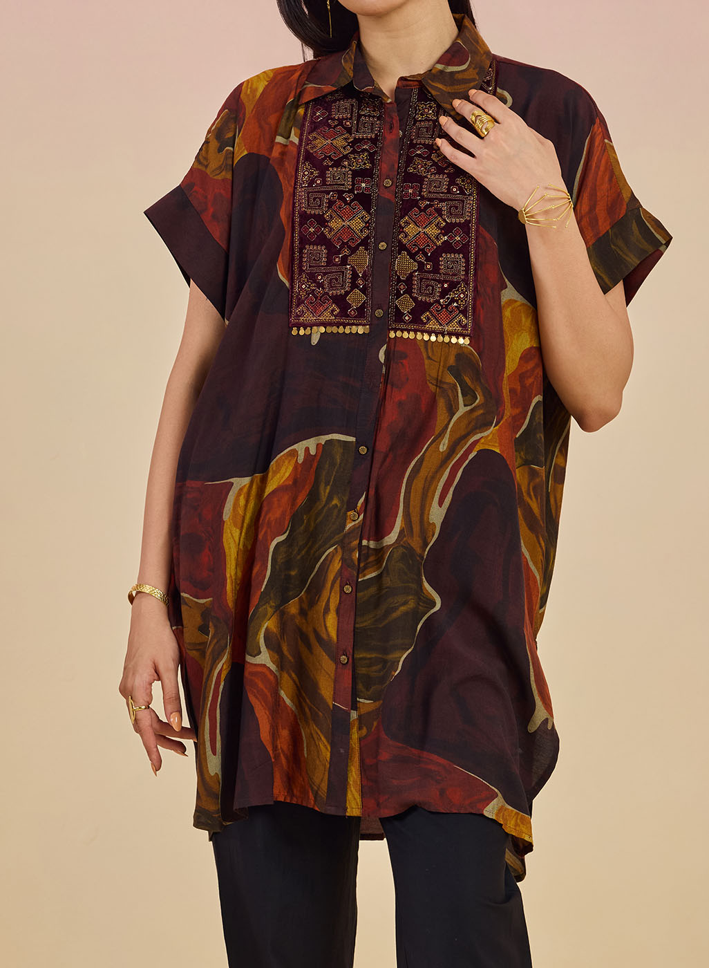 Clement Ladies Abstract Printed Collared Kaftan Tunic