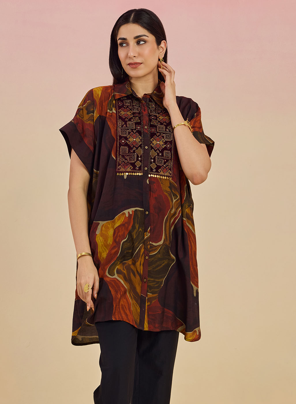 Clement Ladies Abstract Printed Collared Kaftan Tunic