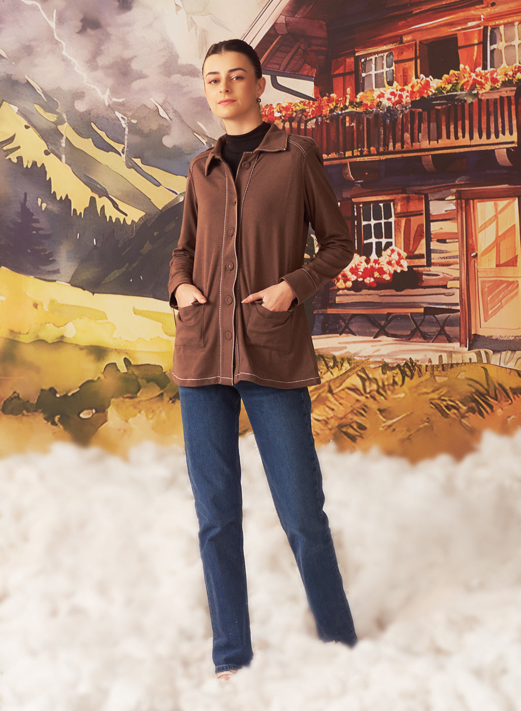 Liah Ash Brown Monochrome Brushed Fleece Jacket For Women