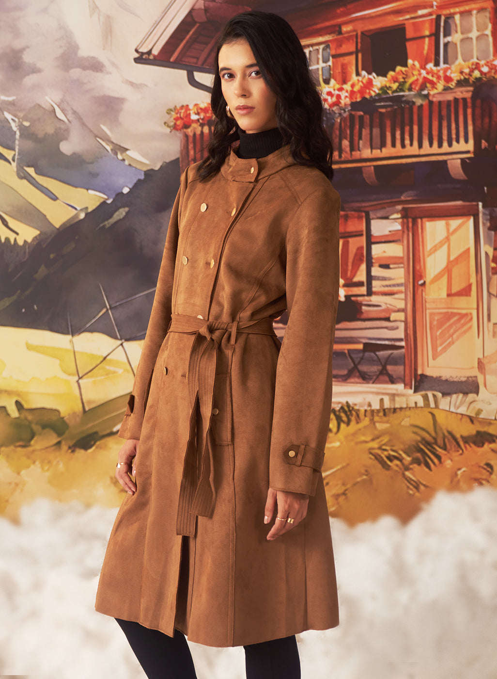 Bella Tan Monochrome Suede Long Coat For Women