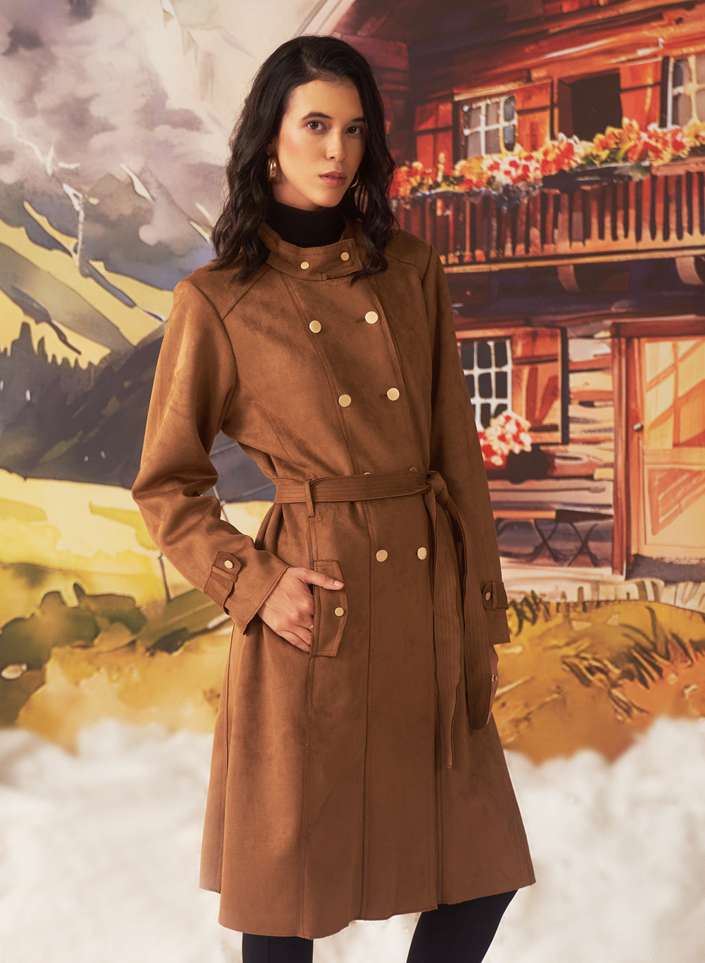 Bella Tan Monochrome Suede Long Coat For Women