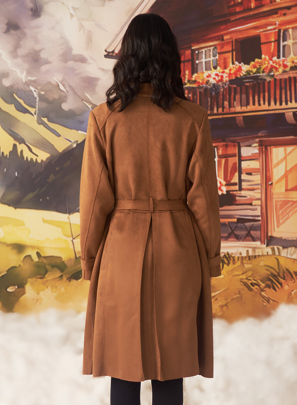 Bella Tan Monochrome Suede Long Coat For Women