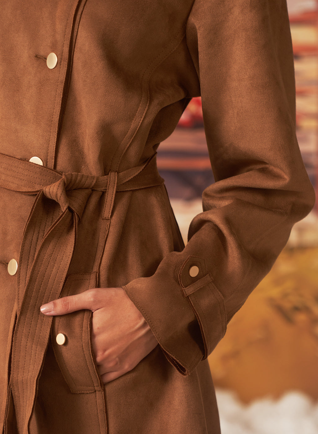 Bella Tan Monochrome Suede Long Coat For Women