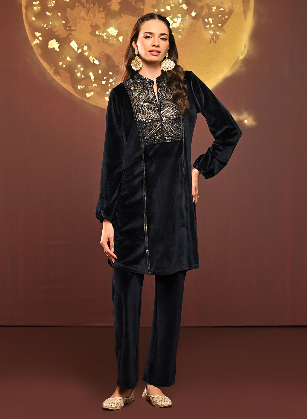 Azra Navy Blue Embroidered Velvet Kurti For Women