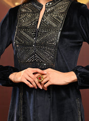 Azra Navy Blue Embroidered Velvet Kurti For Women