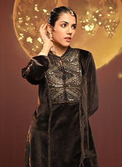 Azra Coffee Brown Embroidered Velvet Kurti For Women
