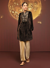 Azra Coffee Brown Embroidered Velvet Kurti For Women