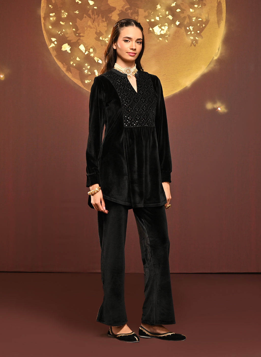 Qainaat Black Embroidered Velvet Top For Women