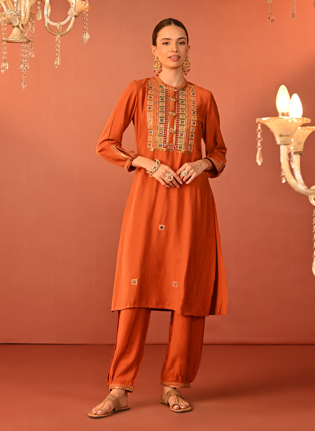 Arshia Chrome Rust Embroidered Rayon Co-Ord Set
