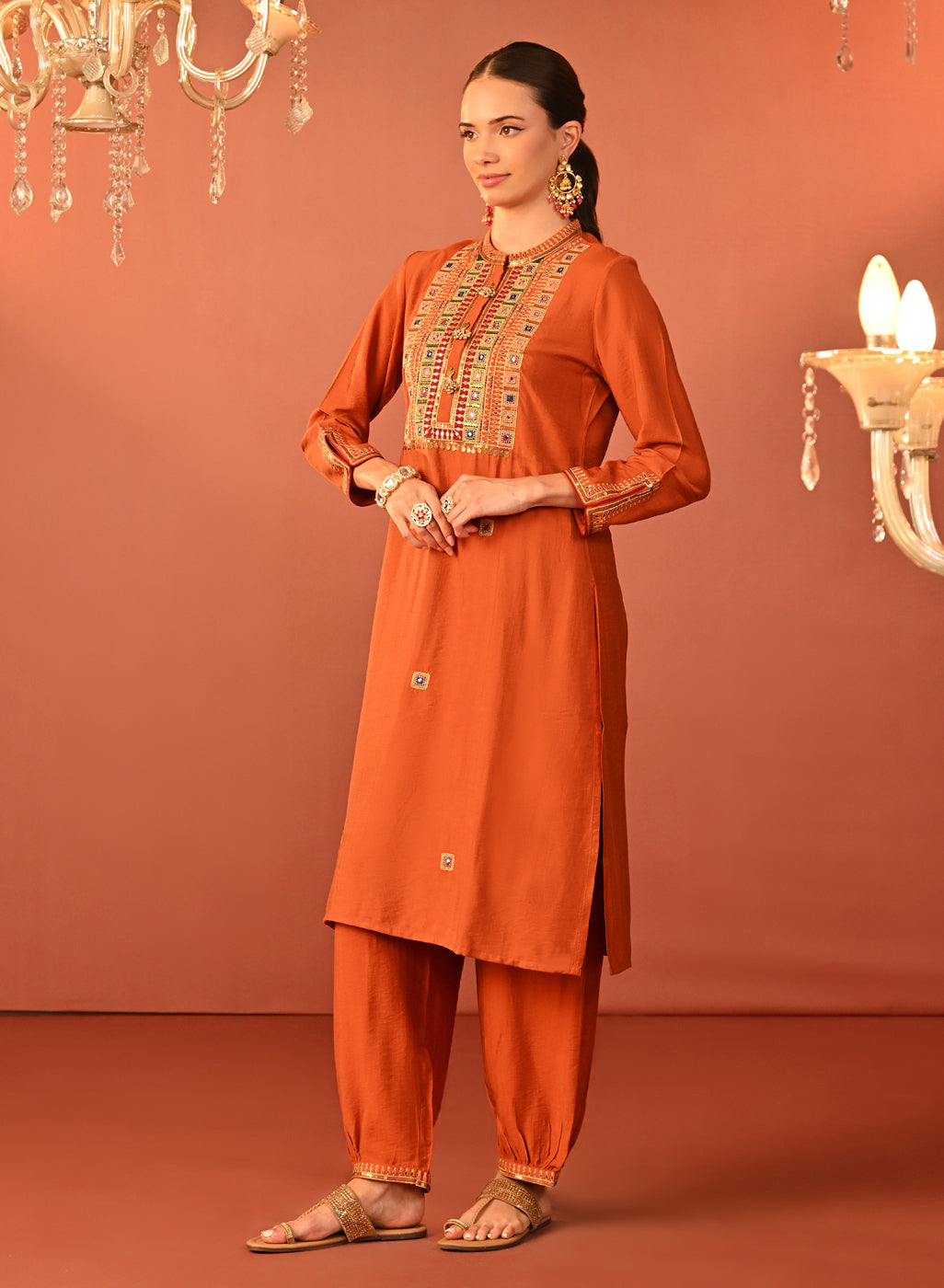 Arshia Chrome Rust Embroidered Rayon Co-Ord Set