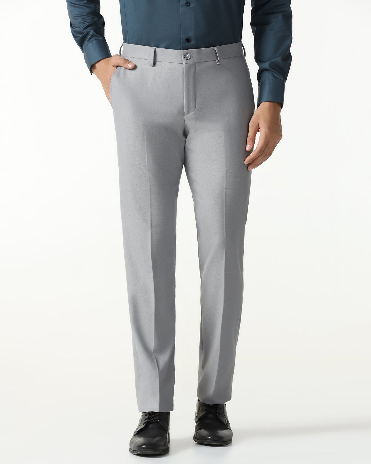 Light grey textured formal trouser for men by Blackberry, featuring a tailored fit and subtle fabric texture.