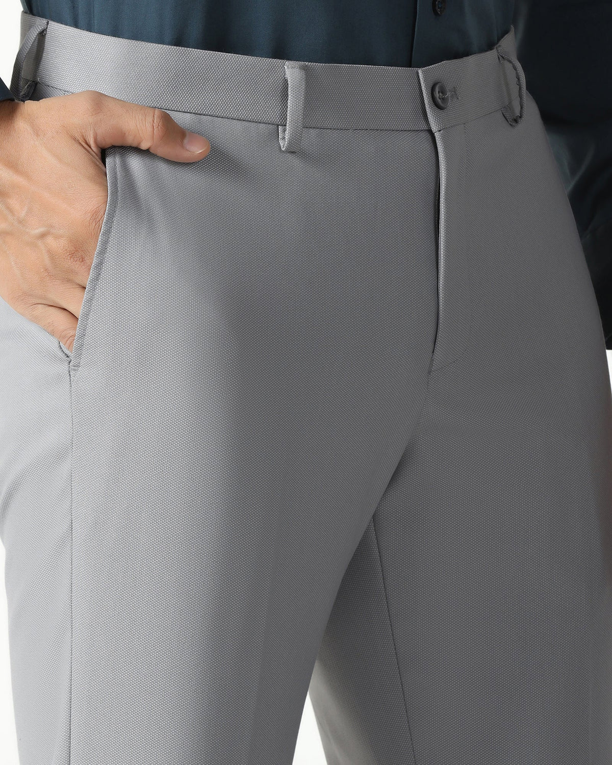Light grey textured formal trouser for men by Blackberry, showcasing the tailored fit and fabric detail.