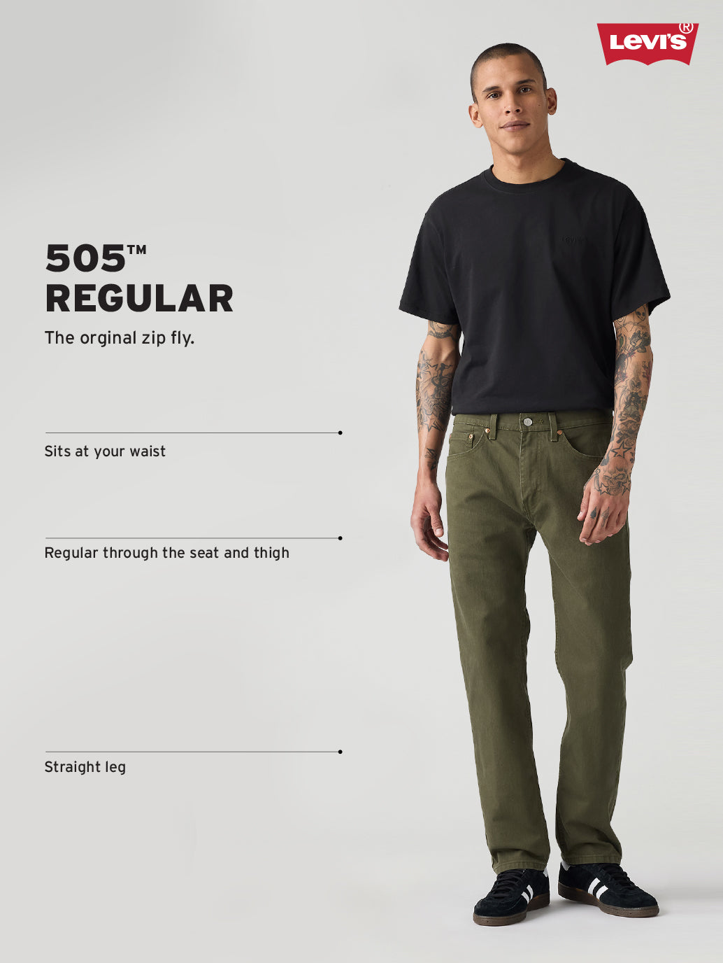 Men's Levi's 505 dark blue straight fit mid-rise jeans, showing the front and back view with pockets and classic denim texture.