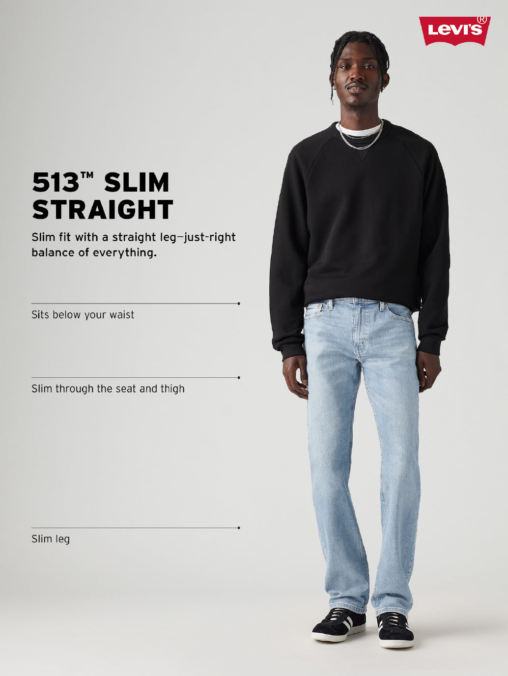 Levis men's jeans shown from the back, classic blue denim with leather patch detail on waistband, casual fit and stitching.