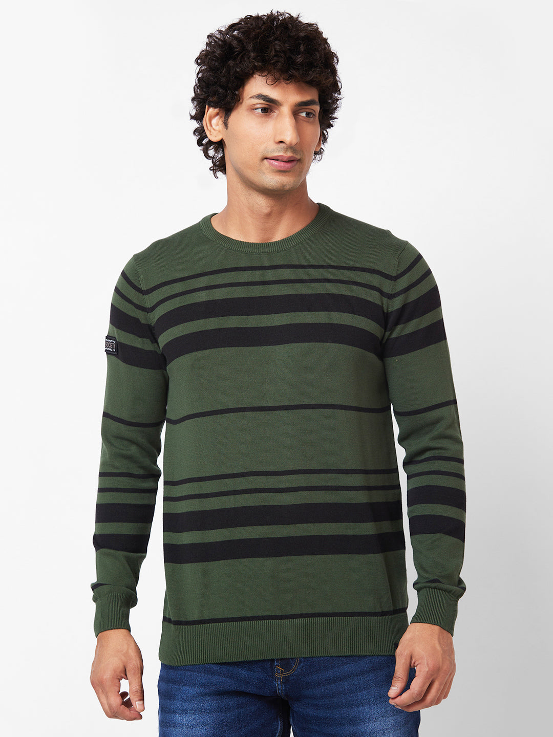 Men Collarless Full Sleeves Green Sweater