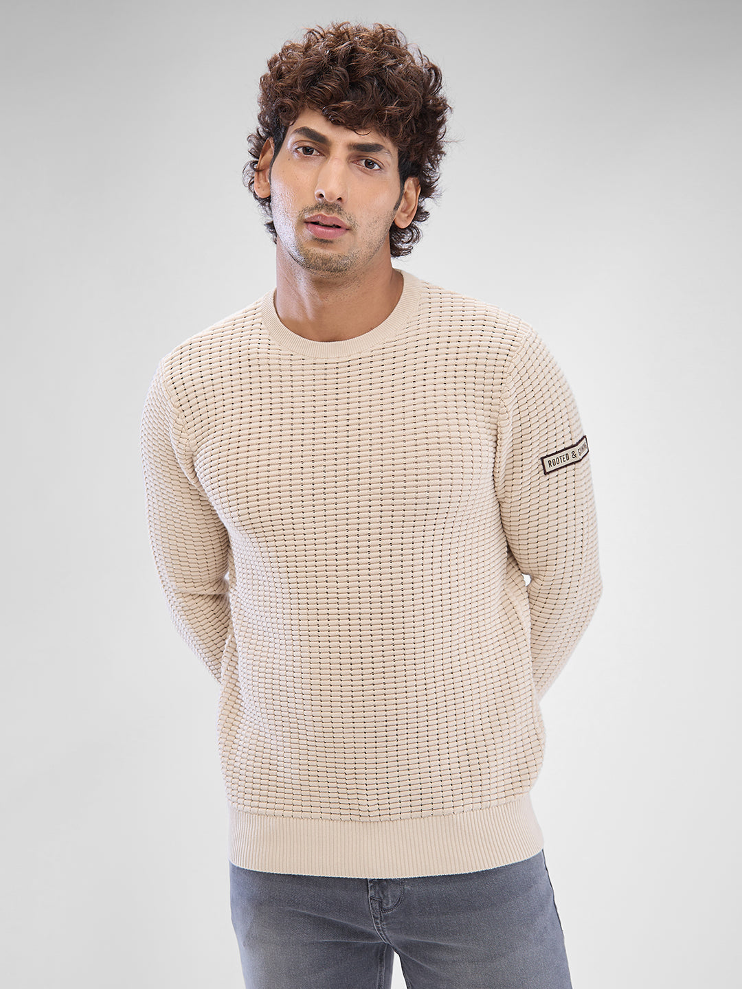 Men Cream White Cotton Full Sleeve Sweater