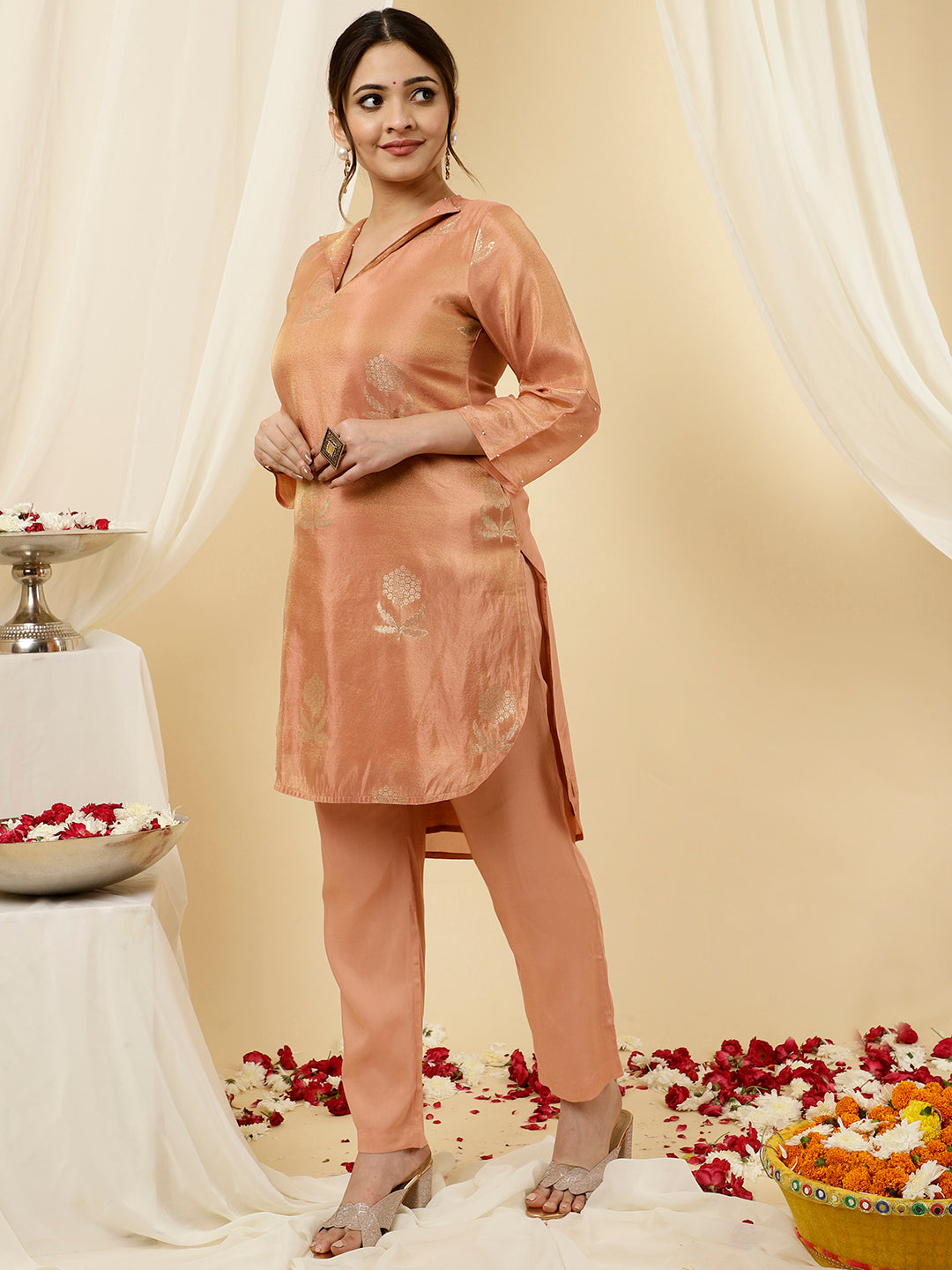 Peach Pure Jacquard Silk Beadwork Kurta With Pants Co-Ord Set