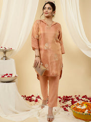 Peach Pure Jacquard Silk Beadwork Kurta With Pants Co-Ord Set