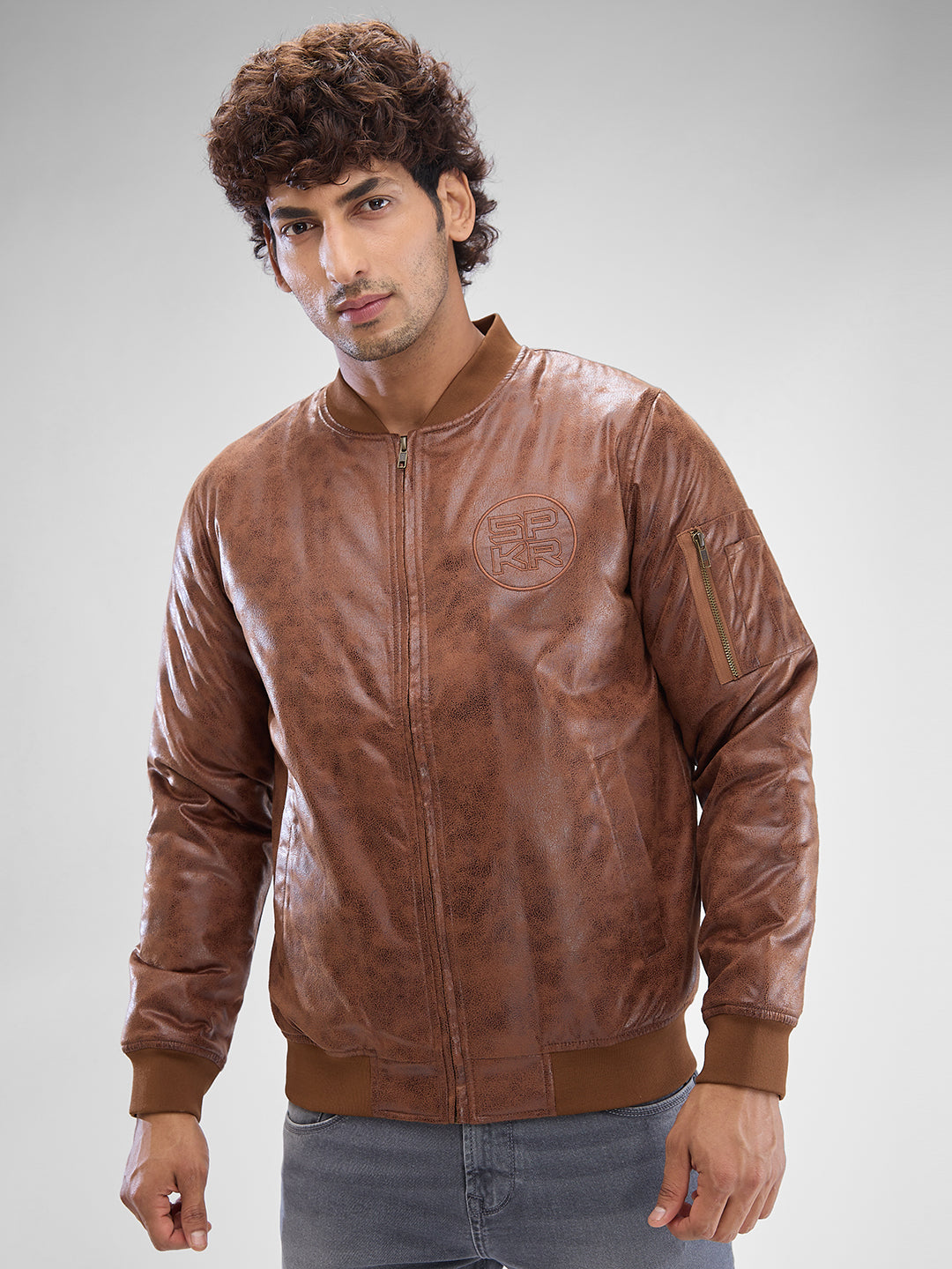Men Bison Brown Polyester Full Sleeve Jacket