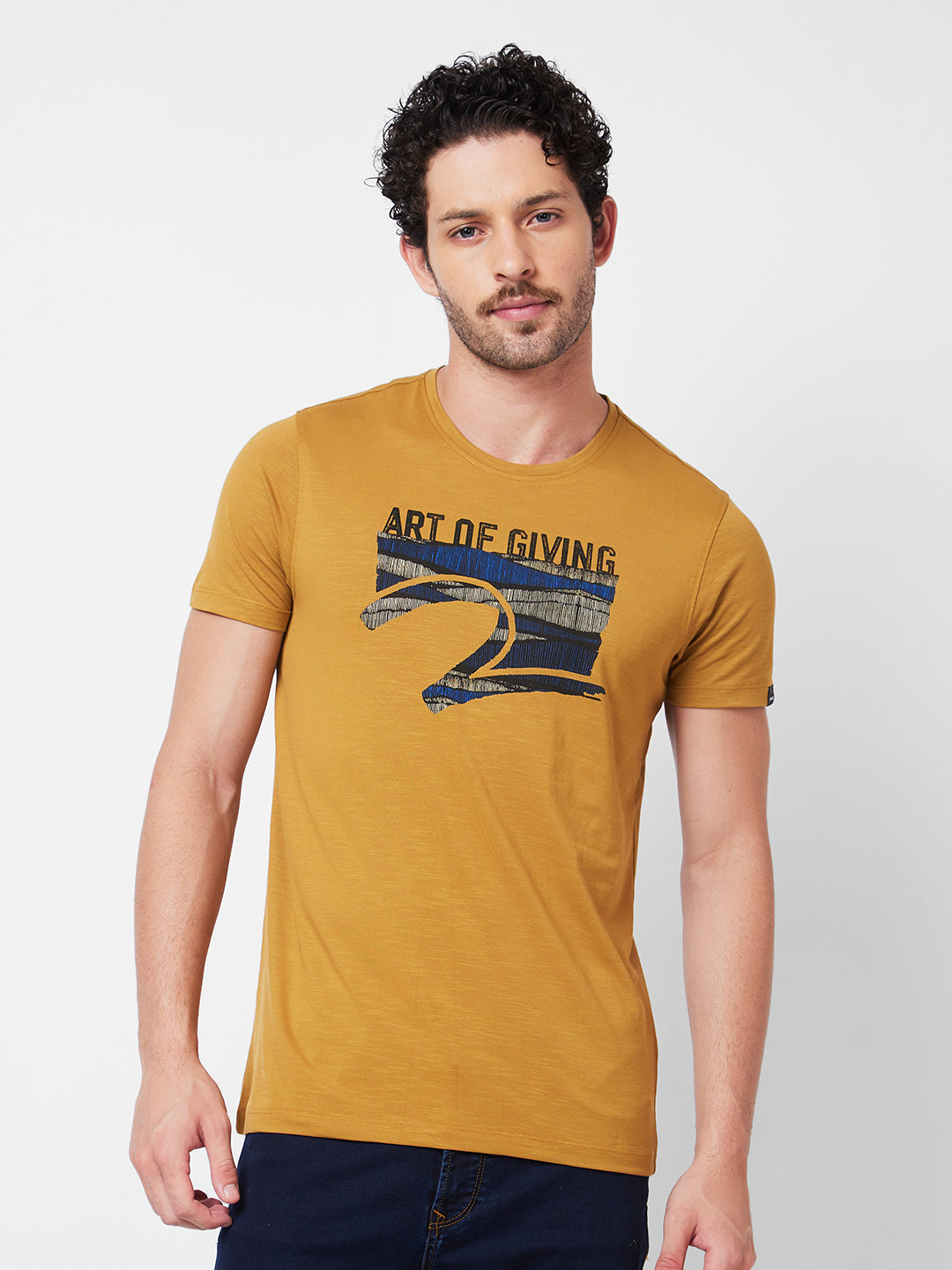 Men Round Neck Half Sleeves Khaki T-Shirt