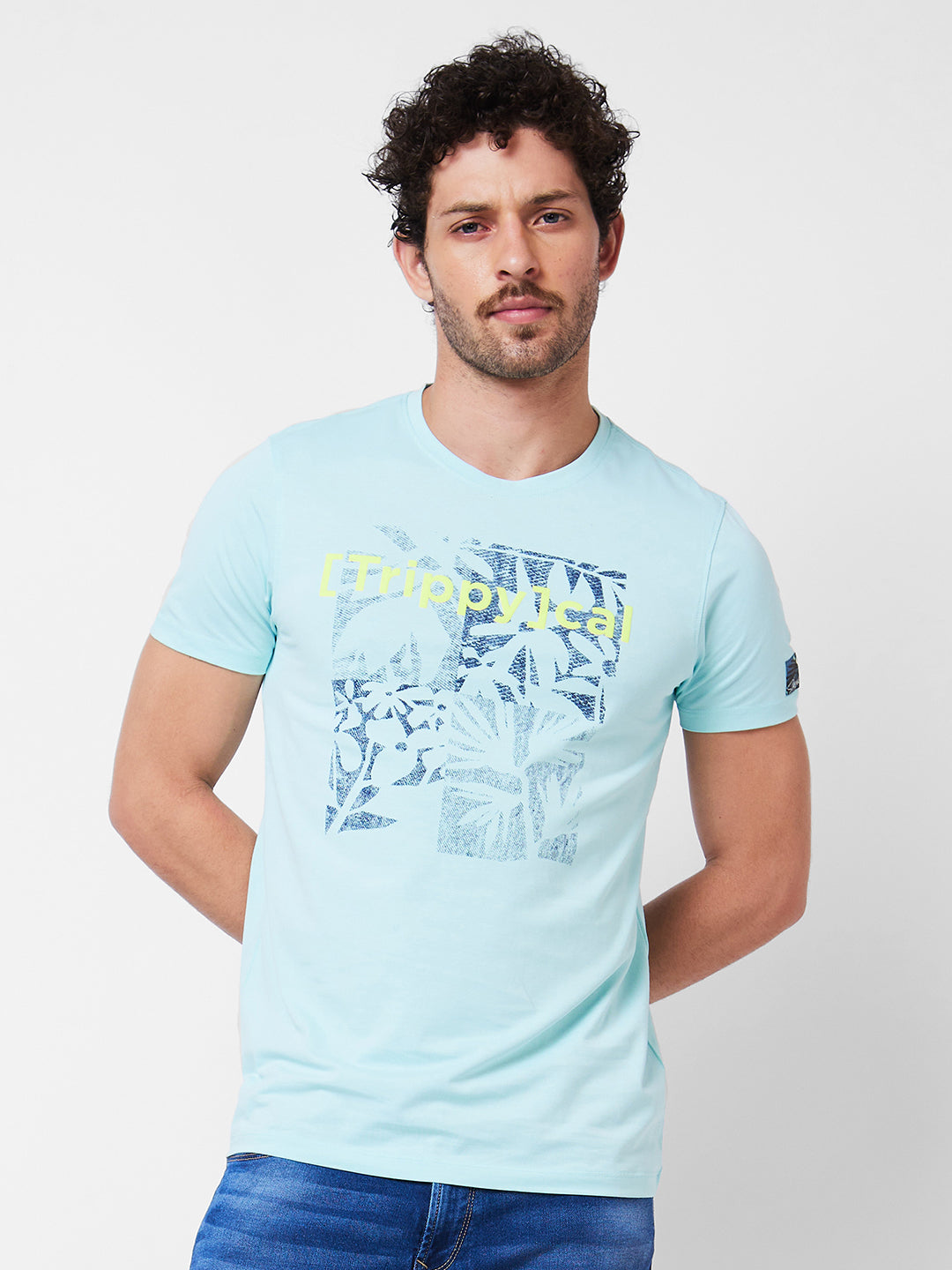 Spykar Mens T-Shirt F/S Mktcp1Bd095 Bleached Aqua