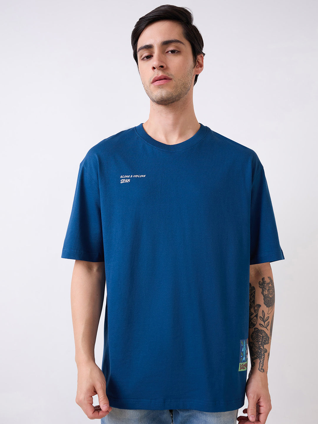 Men Blue Half Sleeves Loose Fit Solid T-Shirt
