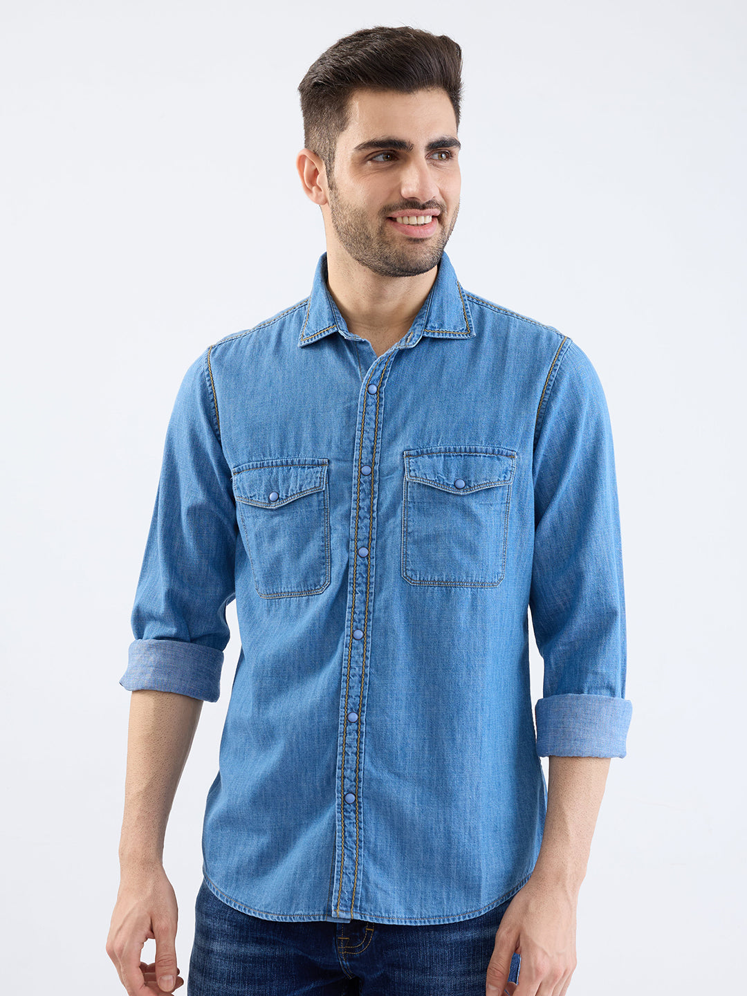 Spykar Dark Blue Slim Fit Casual Shirts For Men