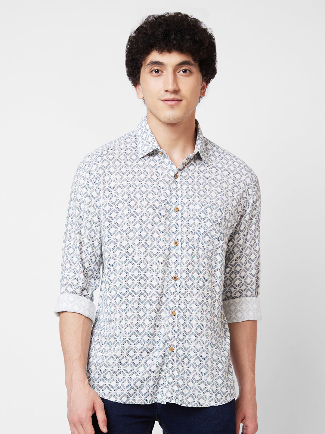 Men White Printed Full Sleeve Shirt