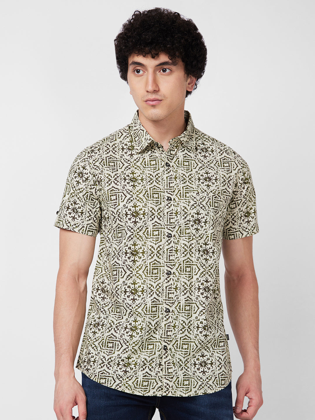 Men Green Printed Half Sleeve Shirt
