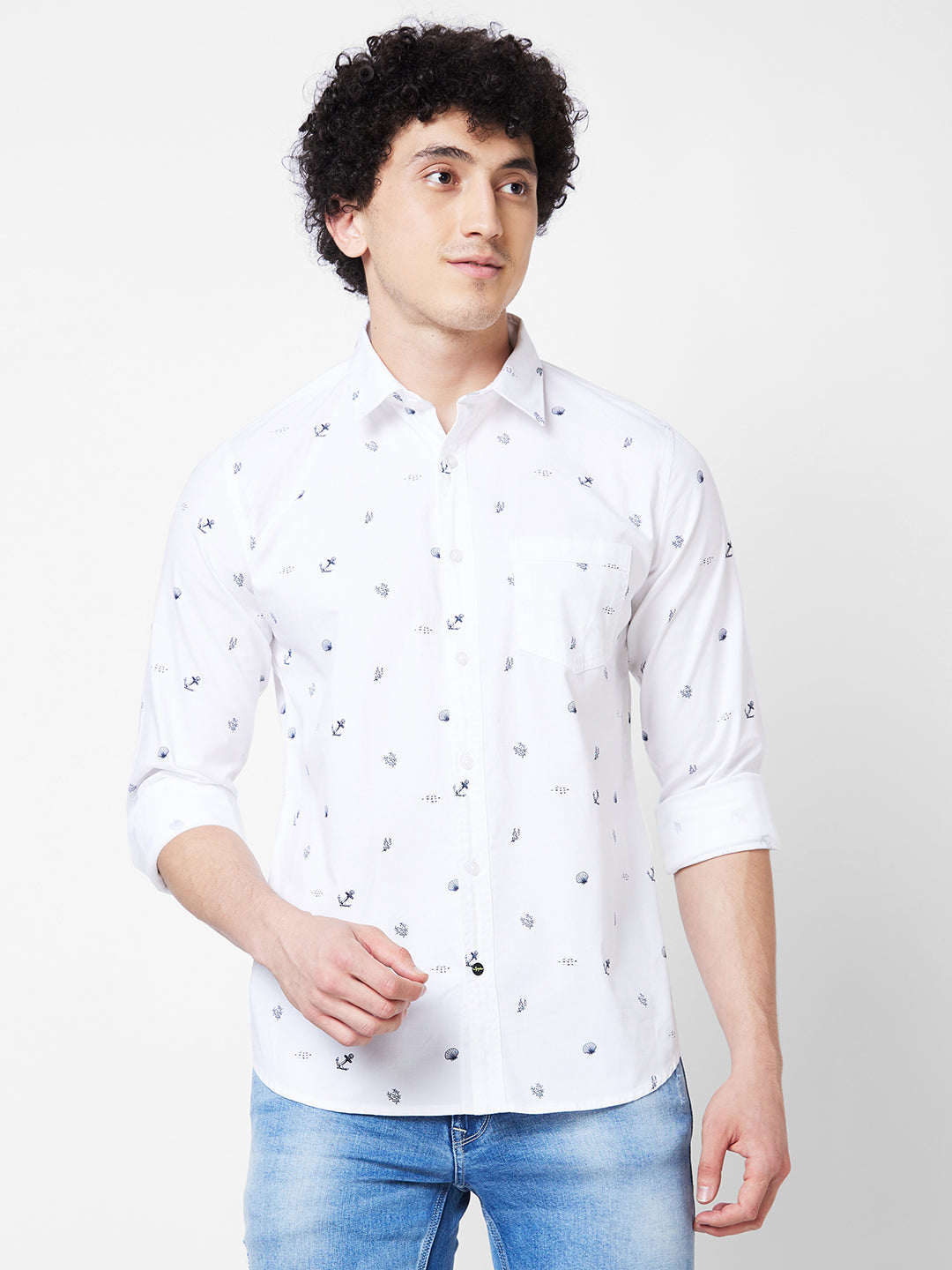 Men White Printed Full Sleeve Shirt