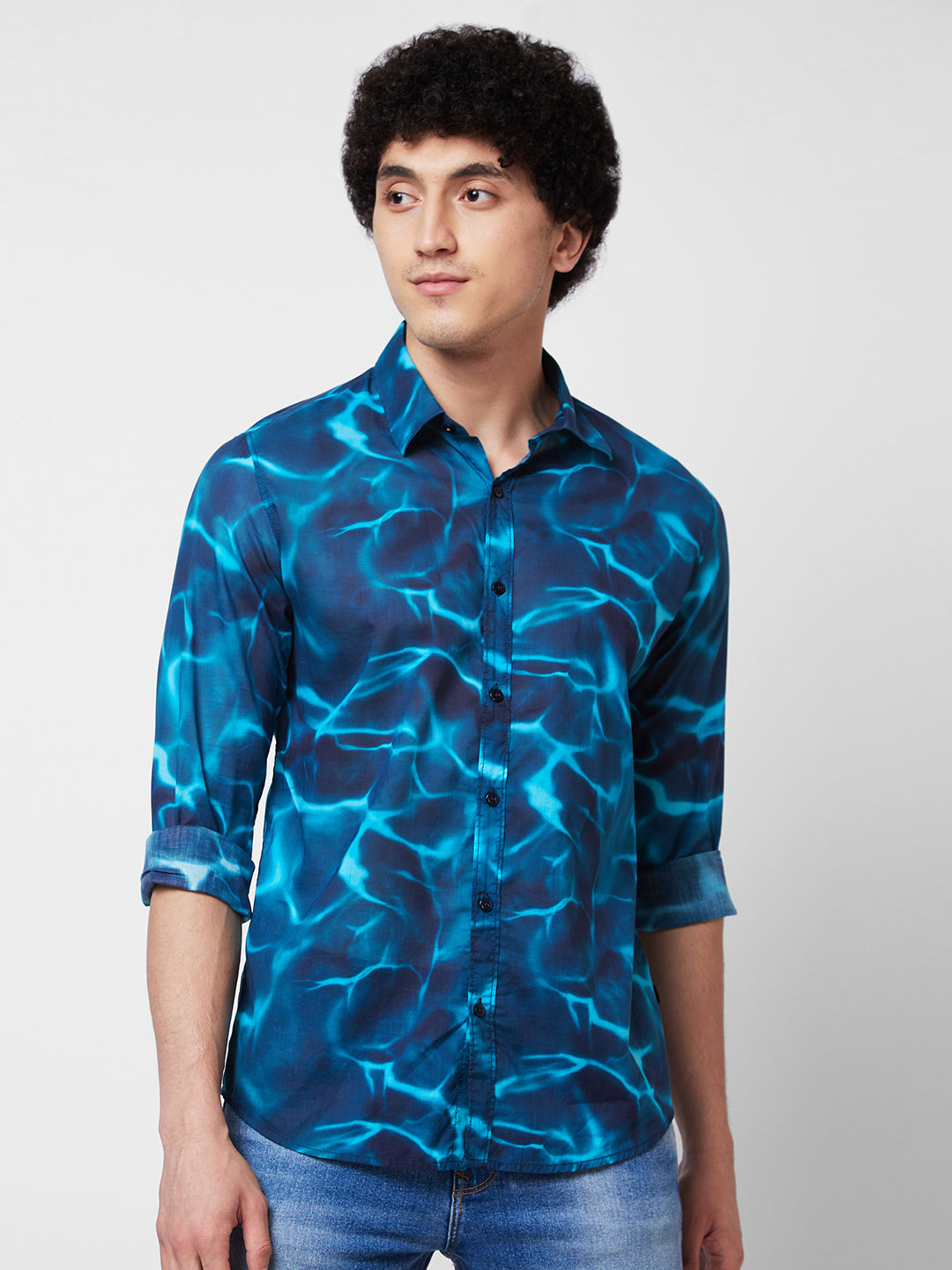 Men Blue Printed Full Sleeve Shirt