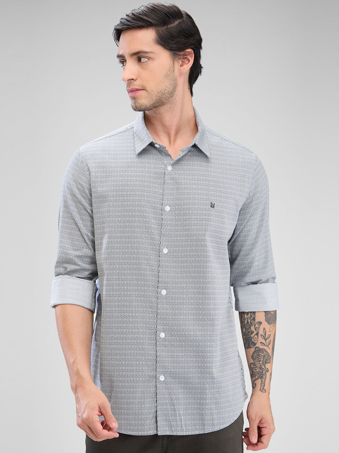 Men Silver Grey Cotton Full Sleeve Raised Collar Shirt