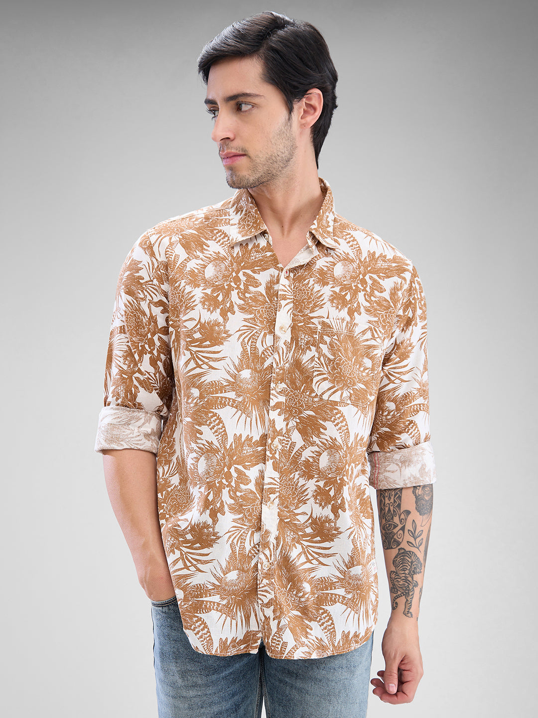 Spykar Mens Casual Shirt F/S Mshps2Bd080 Friar Brown