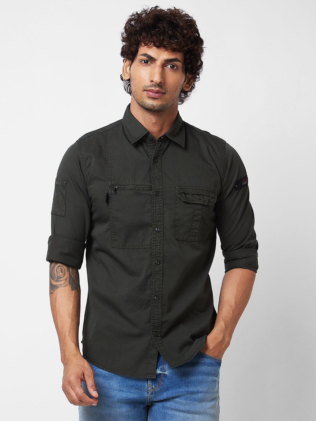 Spykar Mens Casual Shirt F/S Mshsos1Bd117 Rifle Green
