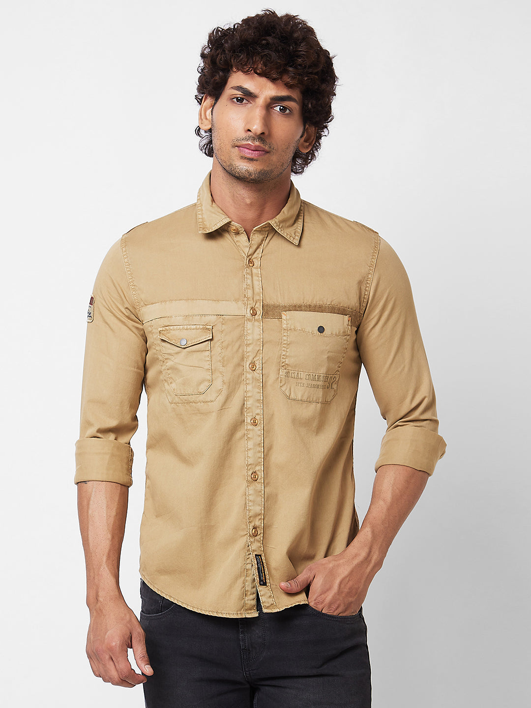 Spykar Mens Casual Shirt F/S Mshsos1Bd120 Sand Khaki