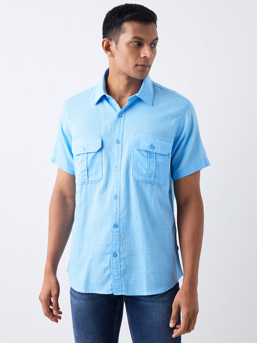 Spykar Mens Casual Shirt H/S Mshsos1Be236 Air Force Blue
