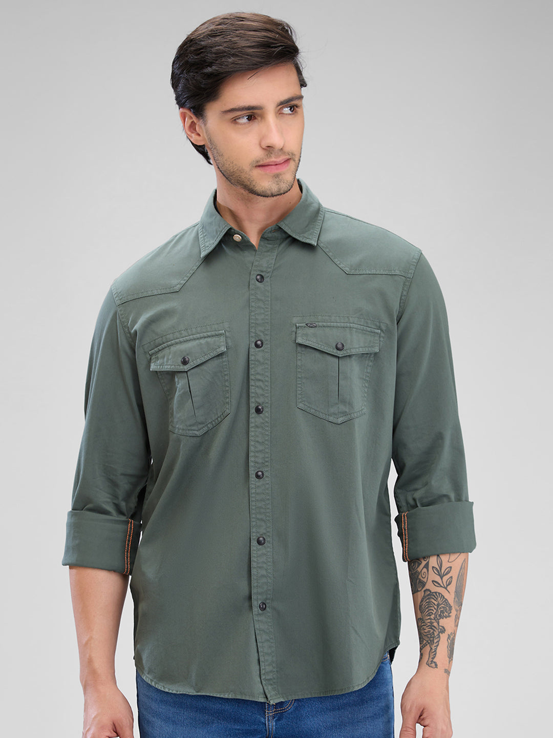 Spykar Mens Casual Shirt F/S Mshsos2Bd116 Cilantro Green