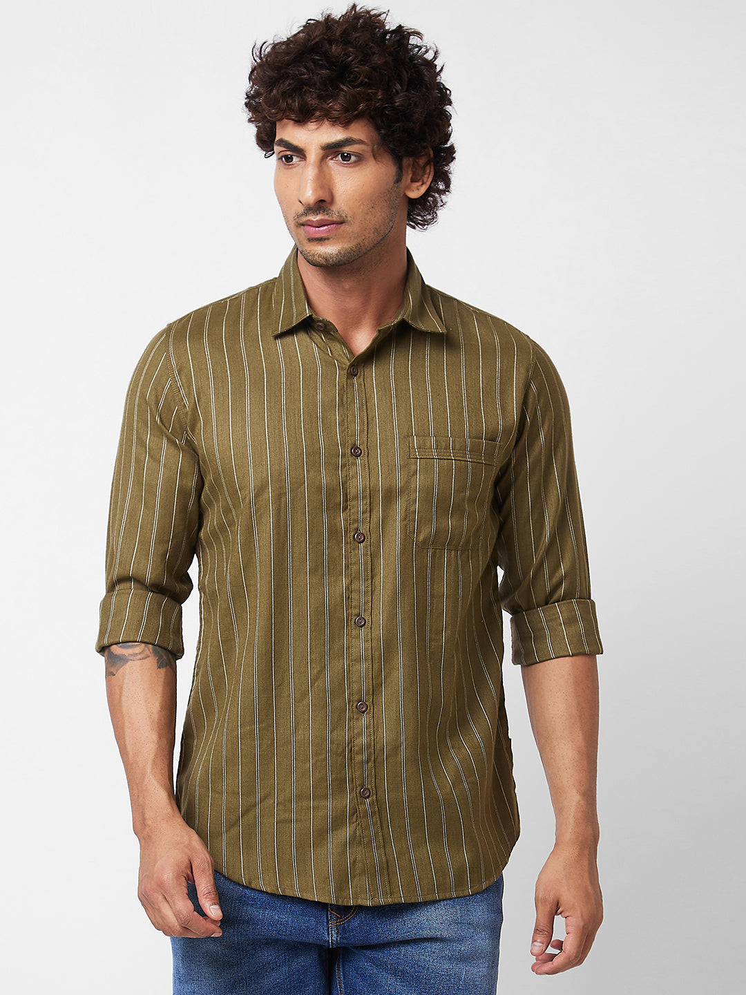 Men Green Striped Full Sleeve Shirt
