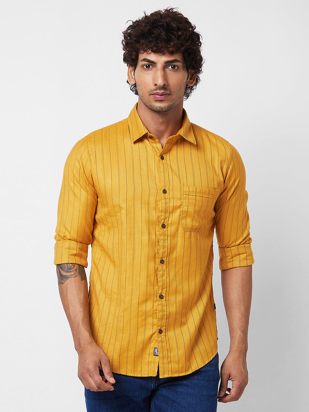Spykar Mens Casual Shirt F/S Mshst1Bd080 Mustard Yellow