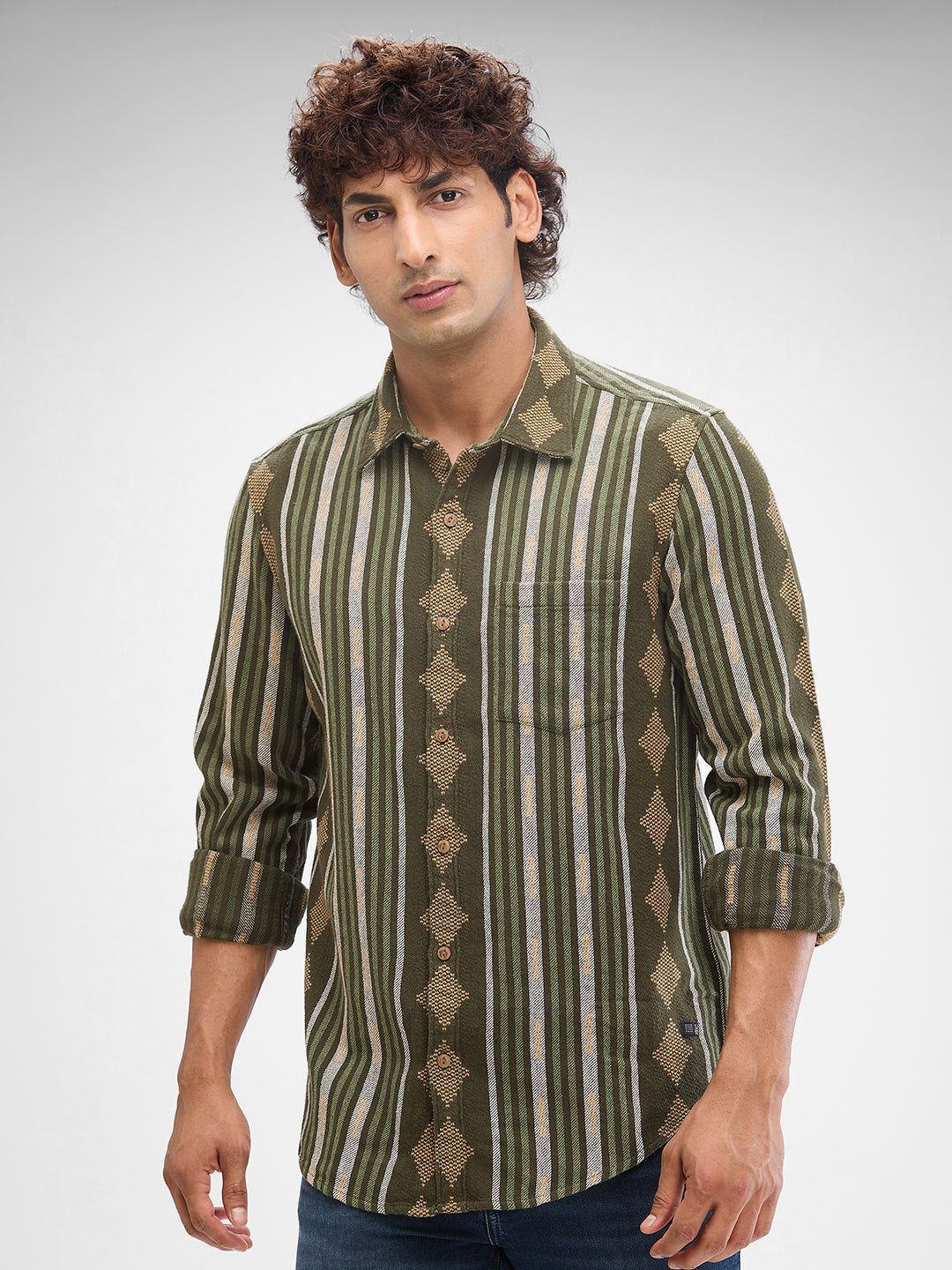 Men Military Green Cotton Full Sleeve Raised Collar Shirt