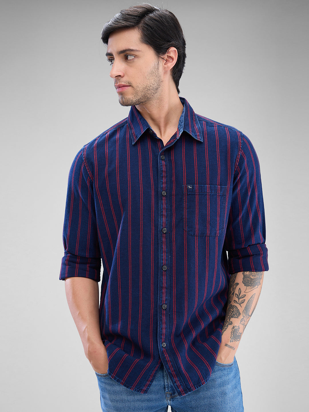 Men Brick Red Cotton Full Sleeve Raised Collar Shirt