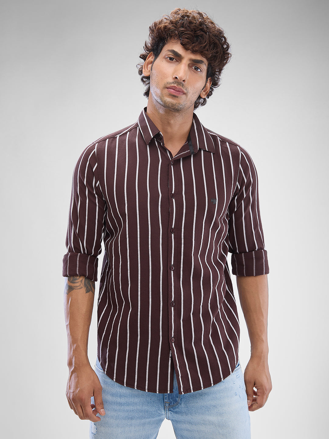 Spykar Mens Casual Shirt F/S Mshst2Bd180 Coffee Brown