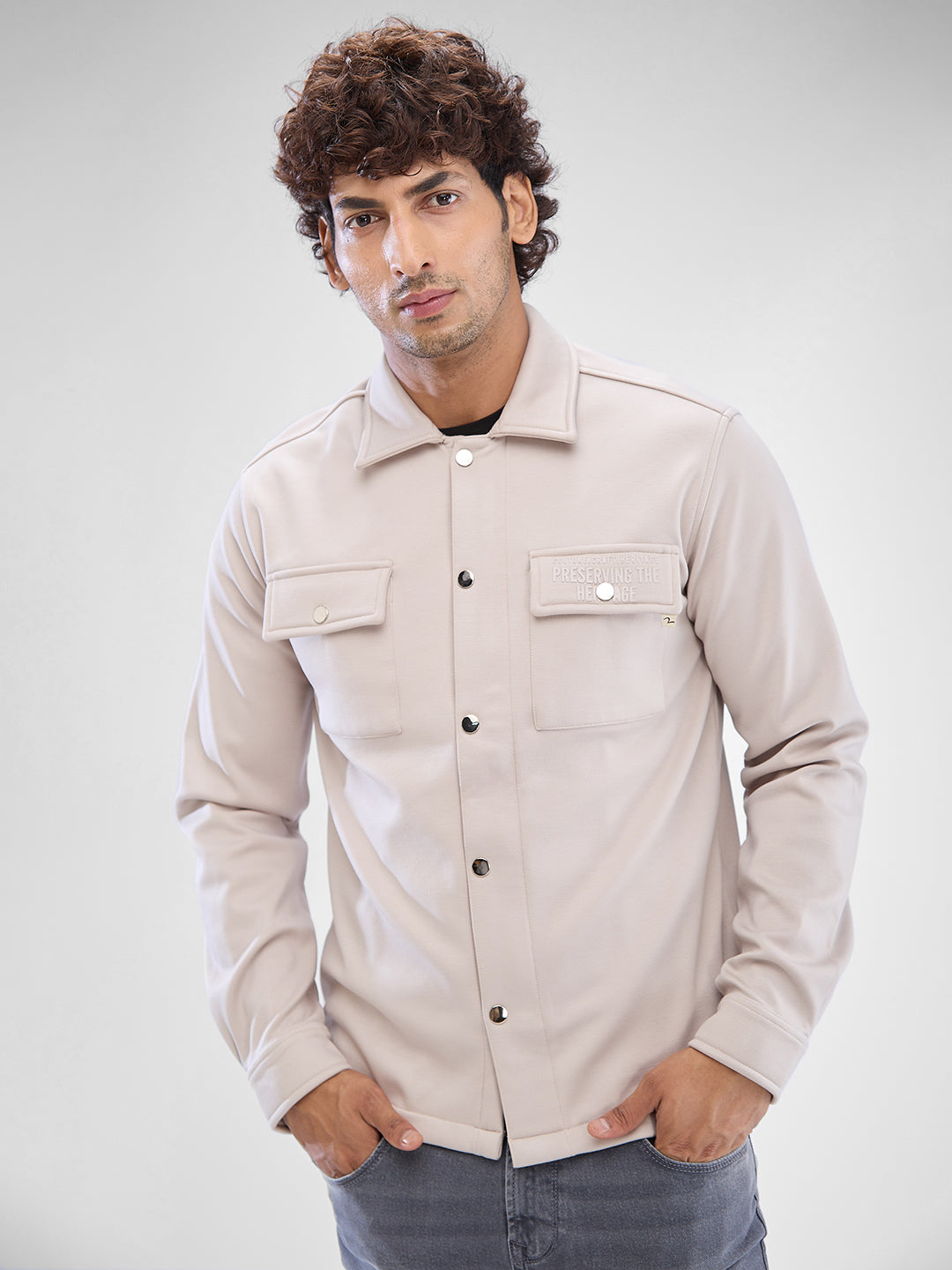 Men Parchment Beige Cotton Polyester Full Sleeve Shacket