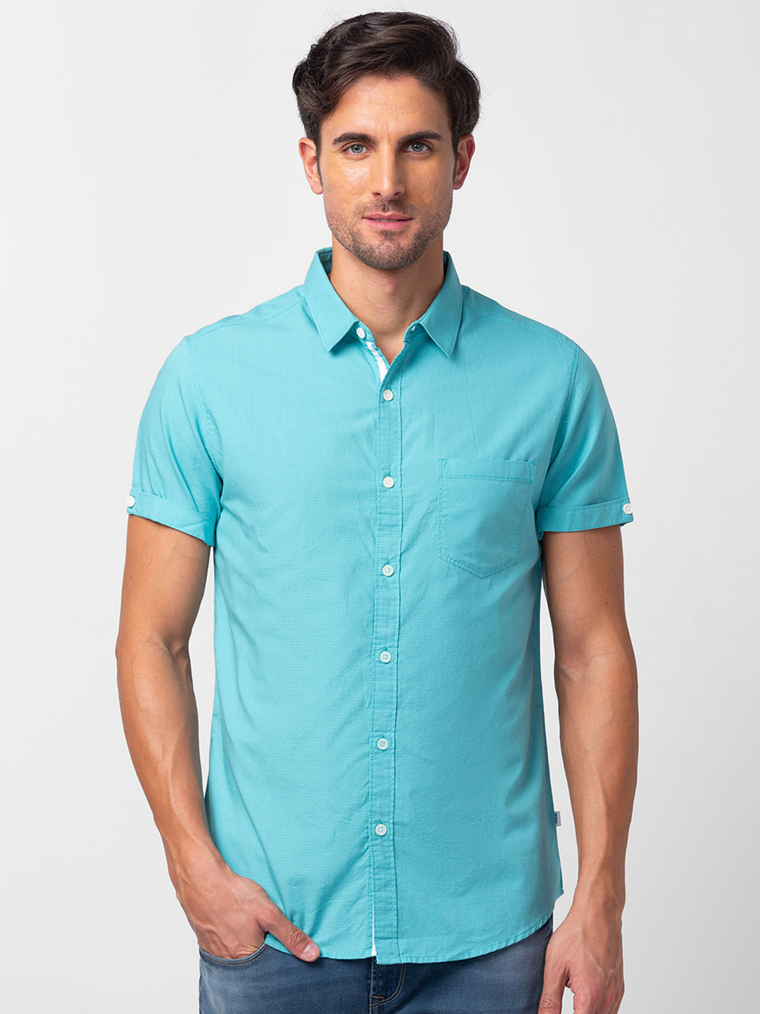 Spykar Mens Casual Shirt F/S Mshss1Bc037 Cool Blue