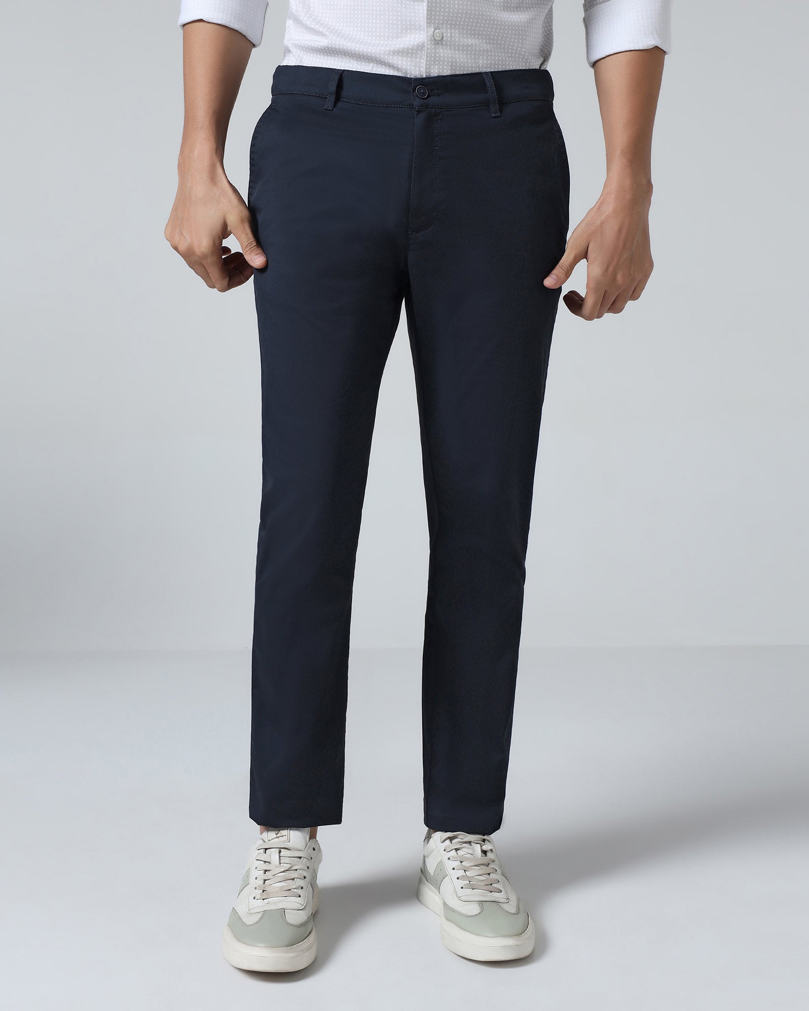 Navy solid Khaki Hemlock casual men's trousers from Blackberry, shown on a model with a relaxed fit and classic style.