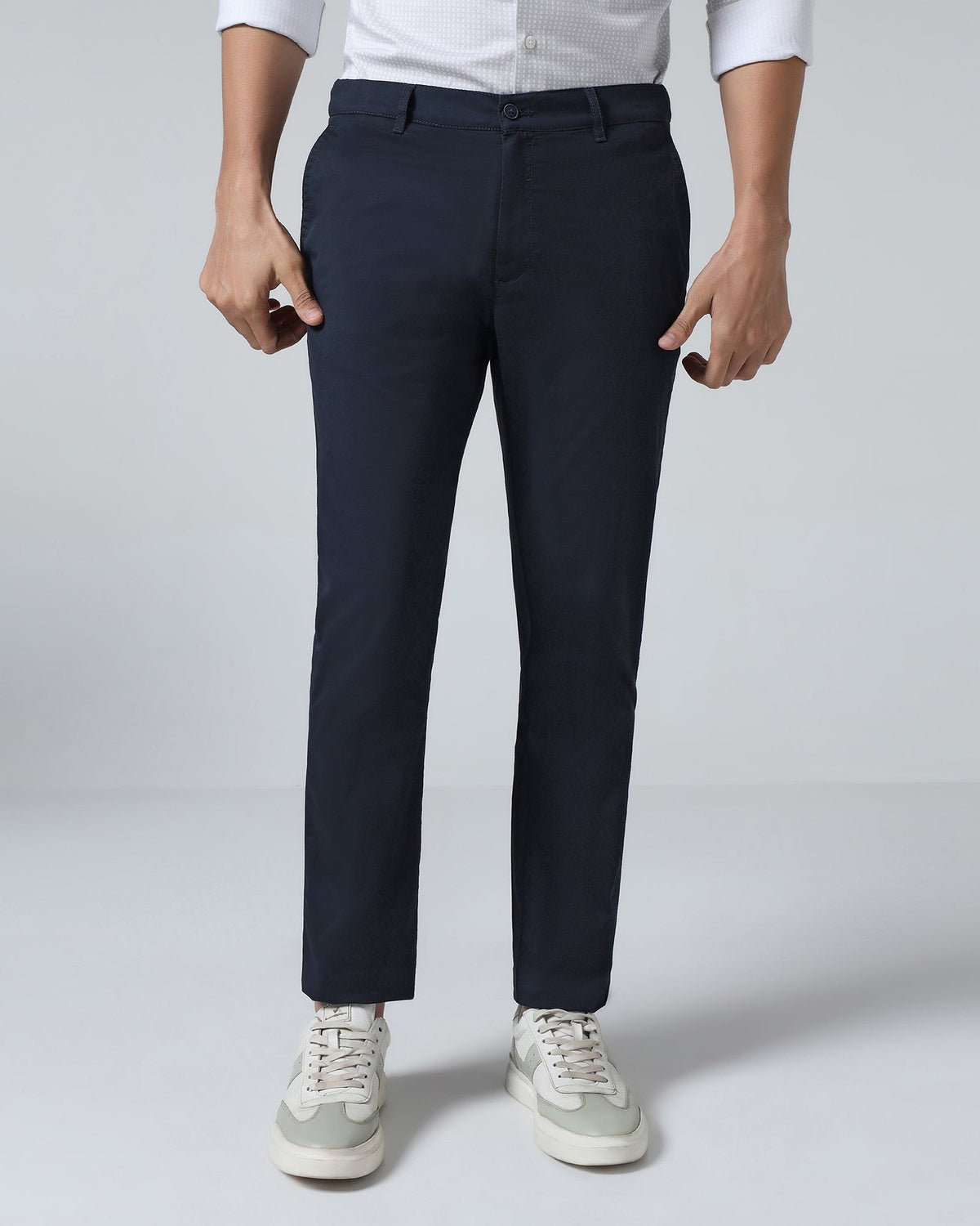 Navy solid Khaki Hemlock casual men's trousers from Blackberry, shown on a model with a relaxed fit and classic style.
